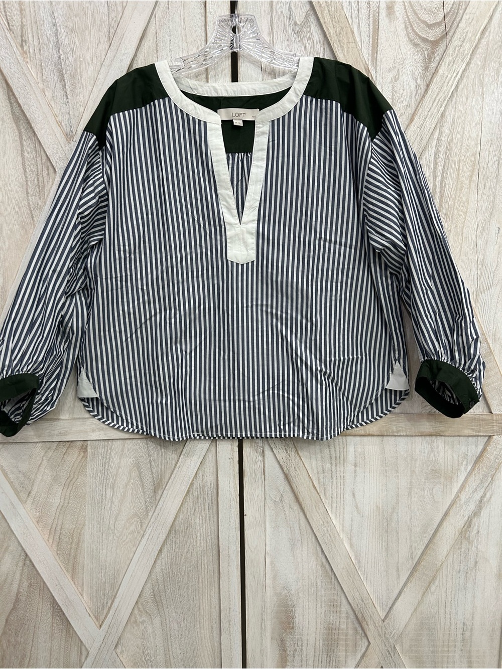 LOFT Navy and White Striped Popover Blouse with Dark Green Accents